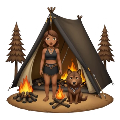 a NEANDERTHAL WOMAN WITH BROWN HAIR STANDING BY A FIRE AND TENT WITH BLACK WOLF HALTER TOP sticker