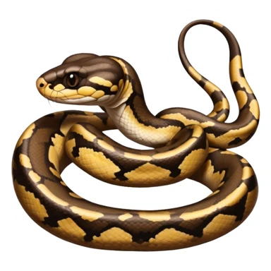A photo-realistic digital illustration of a Ball Python, large headshot portrait. The snake has a short, rounded snout and smooth, soft contours, with a gentle, inquisitive expression that gives it a slightly playful charm. Its head is warm brown with bold, irregular dark markings. sticker