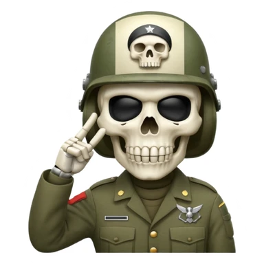 A bold emoji-style bodyless white skull wearing a realistic modern army helmet, making a shushing gesture (index finger bone held up to mouth area). Clean vector style,modern emoji aesthetic.The helmet has detailed realistic texture. sticker
