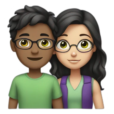 boy and girl hugging each other. the boy is white with green eyes, has black wavy hair and wearing glasses. the girl has brown eyes, and medium-short straight hair dyed in purple, no glasses. sticker