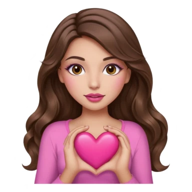 girl with long wavy brown hair, brown eyes, long lashes makeup, sexy pink lips, light to medium complexion, wearing a pink sexy top, holding a big heart sticker