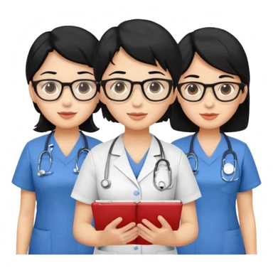 Genera emogis de 4 cuatro enfermeras de cabello negro, una con lentes sticker