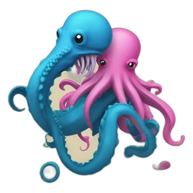 a blue kraken fighting  has another pink kraken sticker