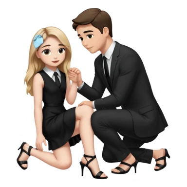  Sabrina carpenter kneeling down wearing a black dress with a tie with black heel sandals, putting her hand on man’s leg  sticker