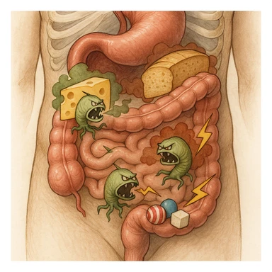Realistic anatomical illustration: section of the human torso focusing on stomach and intestines. Inside, stylized parasites react aggressively to dairy, gluten, and sugars (foods highlighted). The parasites release symbolic toxins like colored gas and lightning bolts. Medical illustrative style. sticker