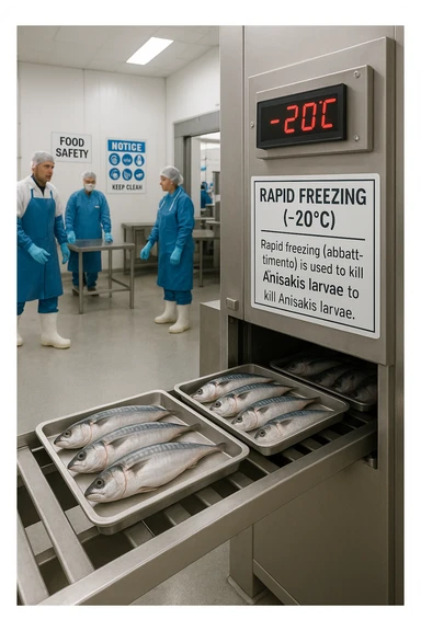 a fish processing facility where freshly caught fish are placed on trays and moved into a large industrial freezer. A temperature gauge shows -20°C, and an educational label explains that rapid freezing (abbattimento) is used to kill Anisakis larvae. The background includes workers in protective clothing and clear signage about food safety. sticker