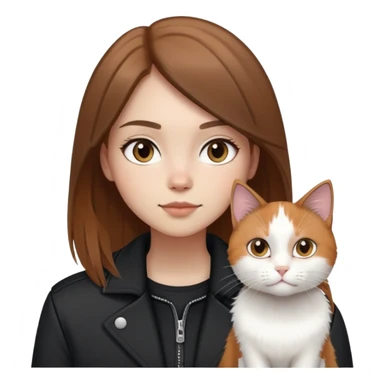 Light-skinned girl with brown straight hair wearing a black jacket, along with one pure white cat and one calico cat sticker