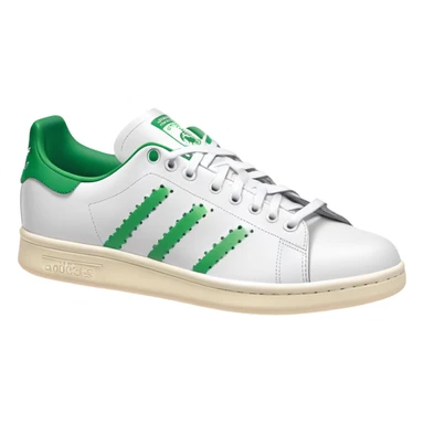 Classic white Adidas Stan Smith sneakers with green heel tab and Adidas logo, three perforated stripes on sides sticker