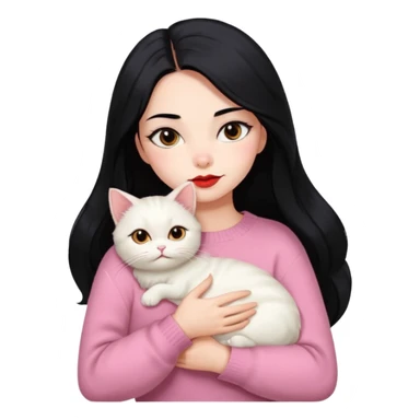 Beautiful Girl Long Hair black, Brows Big , Skin White, Sweater Pale Pink , Big Red Lips, Eyes coffe, Hug Little baby Persa Cream Cat With Cute Eyes sticker