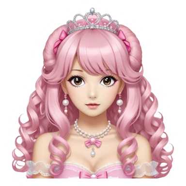 Cabello: Luce un peinado voluminoso con rizos grandes y definidos, muy característico del himegyaru. Lleva un flequillo recto y un tocado llamativo en el cabello: una tiara de brillantes y un lazo rosa con encaje y perlas colgantes, que refuerzan la estética de princesa.
	•	Maquillaje: Aunque no se ve del todo, sus ojos destacan con un estilo de maquillaje que agranda la mirada, probablemente con pestañas postizas y lentes de contacto de efecto dolly. Sus uñas están decoradas al estilo deco nails, con accesorios 3D como moños y brillantes.
	•	Ropa: Viste en tonos rosados y texturas suaves, con un vestido de encaje rosa claro y un lazo grande al centro. Encima lleva una chaqueta tipo peluche que añade ternura y contraste de texturas. El broche de My Melody en su pecho es típico del uso de peluches y accesorios cute dentro del himegyaru, donde los personajes de Sanrio son muy comunes. sticker