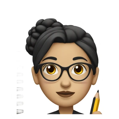 A woman with Black hair with a bun in the top of her head, she has glasses, she is writing a note on her notebook, we can see her pencil, she has white skin sticker