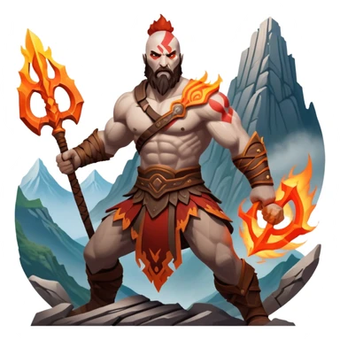 An icon showing a powerful warrior wielding a weapon, inspired by God of War: Ragnarok. The design captures the character’s strength, with dynamic motion lines. A fiery, mythological background with mountains and ruins enhances the epic atmosphere. Transparent background. sticker