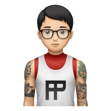 A young boy with A macbook laptop, black straight short hair, wearing glasses, wearing a tanktop, has tattoos, he is asian

Add the letters "P I F" floating around sticker