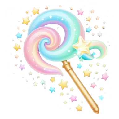 Cinematic cute magical wand, pastel swirls of color, tiny twinkling stars floating around, glowing softly, chubby rounded edges, whimsical and dreamy. sticker