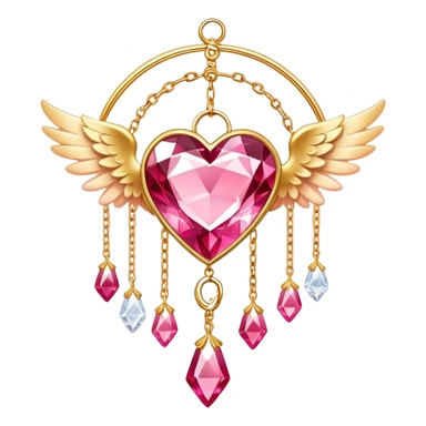 Reddish-pinkish and golden warm-colored romantic lush beautiful pretty hanging crystal-catcher aesthetic with hearts and sparkles and and white angel wings hanging from a gold chain sticker