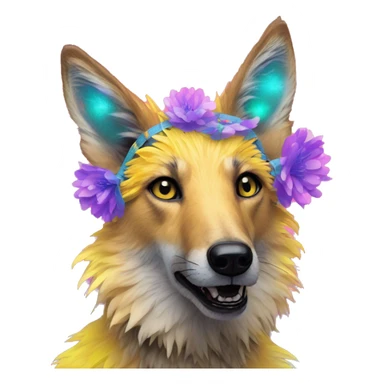  brindle fluffy lurcher Alsatian fox running blue eyes fluffy ears and iridescent holographic oilslick harness wearing paper flower crown yellow caution tape neon sign sticker