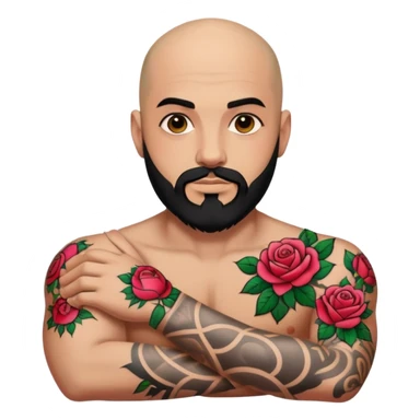 Bald man with black beard raising hand with colorful roses tattoo on forearm  sticker