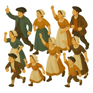 Create an isometric full body illustration of an 18th century crowd in a different dynamic pose. Include men, women, and children wearing period-appropriate clothing and hats. The arrangement should be lively and varied. No background and no text. sticker