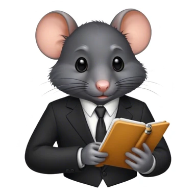 a black rat in a suit taking notes in a small notebook sticker