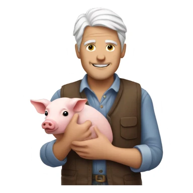 White haired man holding a pig sticker