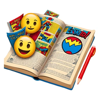 Create a vibrant emoji representing comic books and graphic novels as an art form. The design should feature a large, open comic book with vintage comic panels on the pages. Include a pencil (without a hand) gently writing text or sketching on the pages. The comic panels should have bold lines and retro-style artwork with classic comic book visuals. Use bright, energetic colors like red, yellow, and blue to evoke excitement and creativity. The overall design should feel dynamic, vintage, and artistic. Make the background transparent. emoji sticker