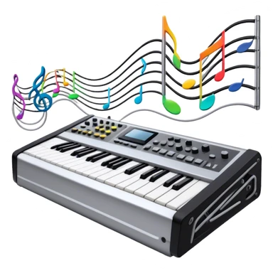 Create a professional and detailed emoji that represents sound design. The design should feature a high-end studio synthesizer, specifically a Korg synthesizer, with a mixing console and control panel, all connected with audio cables. Surround the equipment with flowing sound waves or musical notes to symbolize the creation and manipulation of sound. Use colors like metallic silver, black, and neon accents to emphasize the technical, creative nature of sound design. The background should be transparent. sticker