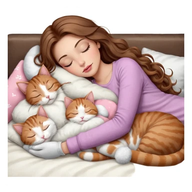 girl with long wavy brown hair, brown eyes, long lashes makeup, sexy pink lips, light to medium complexion,  sleeping on a cozy pillow, with 6 cats: 1 brown and white tabby cat, 1 ginger and white, 2 grey and white, 1 grey with white mittens and small white patch on chest and 1 calico, sleeping sticker