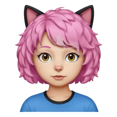 a Black cat wearing a short curly pink hair wig, blue T-shirt sticker