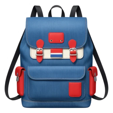 Minimalist emoji-style icon of a stylish blue denim backpack with a flap top, two vertical black buckle straps, a large red-white-navy horizontal block in the center, and two zipper side pockets. Inspired by Tommy Jeans design. Front view, cartoon-like, clean design.

 sticker