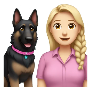black german shepherd with brown paws only wearing a pink collar with owner who has sandy blonde hair in a single braid with blue eyes and teal shirt  sticker