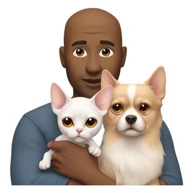 White, bald man is holding a grey, small sphinx cat and woman with dark, straight hair is holding orange, fluffy Pomeranian dog sticker