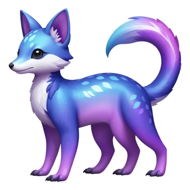  Shiny iridescent glossy oily smooth silky soft White with indigo-Violet-purple-pinkish-gradient markings beautiful handsome gorgeous aesthetic colorful vibrant Vernid-Trico-species-Fakemon-creature by LiLaiRa, 4 legs, 1 tail, random markings, (full body) sticker