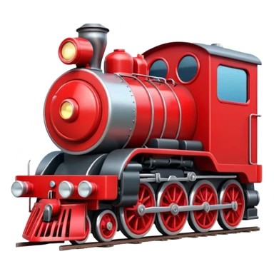 A 3D cartoon red train engine with headlights and wheels visible, realistic reflections, Memoji-style. sticker