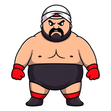 Close-up of extremely fat white skin guy with young face, prominent BLACK DURAG tied clearly on head, distinct black beard and mustache, no muscle, black eyes in a red and black wrestling singlet with angry face sticker