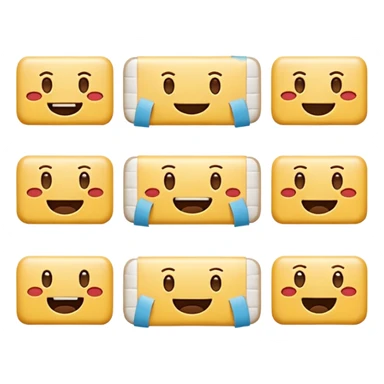 16 different variations of a band aid as and emoji with smiling with teeth, smiling without teeth, crying laughing or sad, mad, sad, tired, censored, funny, glasses, love, serious, with a hat, sticking out tounge, sleeping, injured, and angel Formatted in rows of 4x4 and with a white background sticker