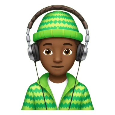 Create me an emoji of a cool Young Nigerian prince wearing a neon green gradient African patterns with  a hula hat (a Nigerian-inspired hat) and wearing cool headphones. sticker