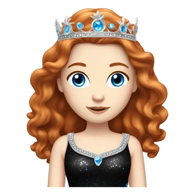 Beautiful girl with long wavy redhair, pale skin and bright blue eyes. She wears a sparkly black dress and a silver crown  sticker