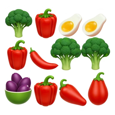 3D food emoji, glossy, smooth shapes, premium style,
broccoli, red bell pepper, rice bowl, chicken breast,
boiled eggs, vitamins bottle,
light warm background
 sticker
