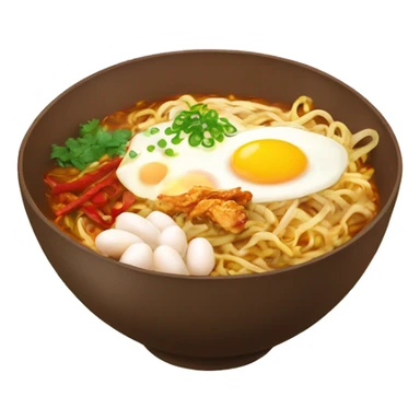 Hot noodles in a brown bowl with eggs chili and chicken  sticker