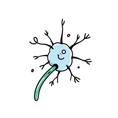 Anatomical neuron illustration with neuroprotective elements: blue cell body (soma), purple dendrites branching out, long green axon with myelin sheath, and protective shield-like aura surrounding the entire neuron. Hand-drawn detailed scientific diagram with glowing protective barrier. sticker