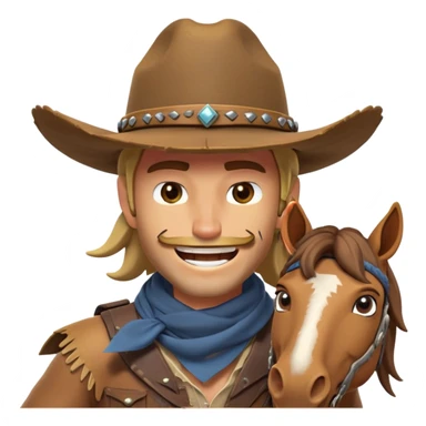 clash-of-clans-aesthetic_-cinematic-playful-cowboy-portrait-emoji, head-tilted with a roguish, cheeky grin and twinkling eyes, featuring a rugged, spirited build with a wide-brimmed cowboy hat and a weathered bandana on tan skin, riding a powerful galloping horse with dynamic flowing mane, reins gripped firmly in one hand and a lasso in the other, as dust swirls behind them in a vast desert landscape. sticker