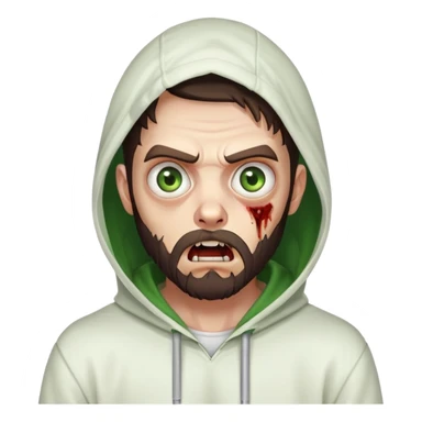 zombie with shocked expression, undercut hairstyle with dark brown hair, short full beard, heterochromia with one green eye and one brown eye, wearing plain white hoodie with hood up sticker
