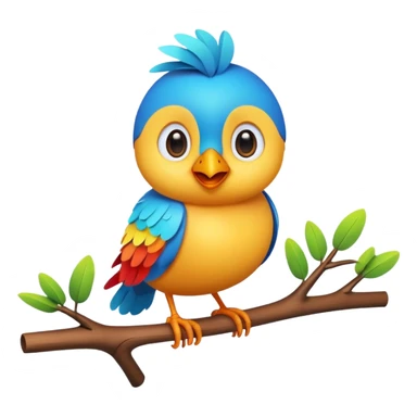 A colorful 3D cartoon bird perched on a small branch, bright feathers, round eyes, and cheerful smile, soft lighting, Memoji-style rendering. sticker