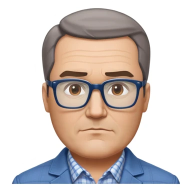 50-year-old heavyset man with very wide face and prominent square jawline. Short straight hair combed to the side, not balding. Large dark square glasses. Serious-relaxed expression. Light gray jacket that fits his larger frame, white shirt with blue checkered pattern. sticker