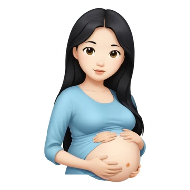 Beautiful Asian girl with long black hair, pregnant belly sticker