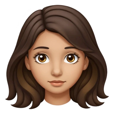 Create a emoji of a girl teen (14 years old) with dark brown hair and a little bit lighter brown in the end of the hair (but mixed) and waves in the hair, long hair, with MEDIUM FAIR TO OLIVE skin tone, dark brown eyes, perfect nose, long eyelashes sticker