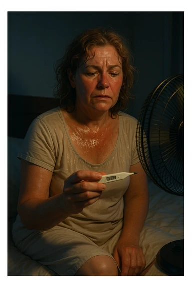 50-year-old woman sitting on bed at 3AM, nightgown soaked in sweat, face flushed as she holds thermometer showing 37.8°C, fan blowing directly on her sticker