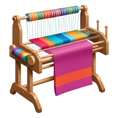Weaving icon, loom with colorful fabric being woven, visible shuttle, spools of yarn, fabric swatches, sewing patterns, and finished clothing items, minimalistic style, clean lines, transparent background. sticker