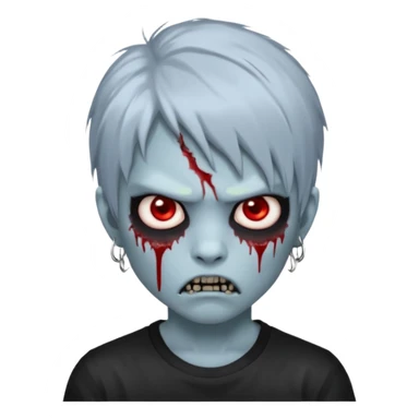 3D emoji-style avatar with very pale blue-grey zombie skin , a young Asian face, and large eyes with blood tears. Give it white litle bit messy mullet hair style , silver hoop earrings, and a plain black T-shirt. The face expression should be slightly angry, with vampire fang sticker