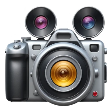 Minimal emoji icon of a huge cinematic metalic camera, front view, realistic lens, no gold sticker